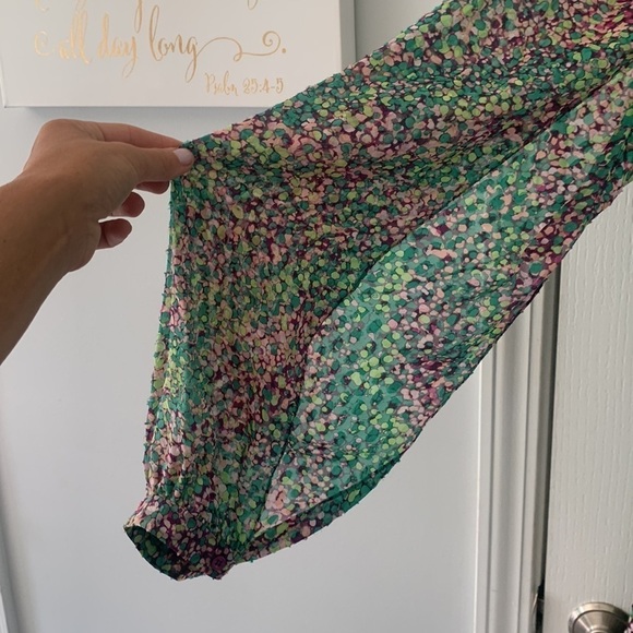 BCBGMAXAZRIA size S dotted mini dress 100% silk green purple layers tunic - Picture 5 of 15